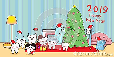 Tooth family celebrate Christmas Vector Illustration