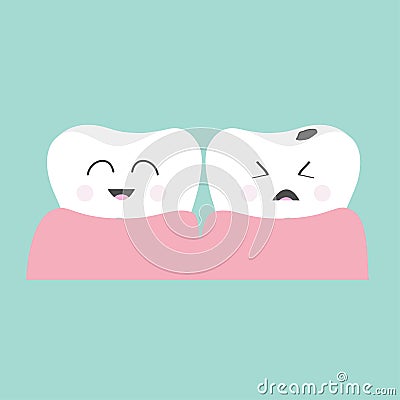 Tooth gum icon. Healthy smiling tooth. Crying bad ill tooth with caries. Cute character set. Oral dental hygiene. Children teeth Vector Illustration