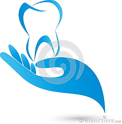 Tooth and hand, dentist and dental care logo Stock Photo