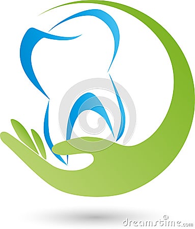 Tooth and hand, dentist logo Stock Photo