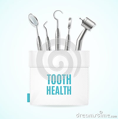 Tooth Health Concept Banner Card with Realistic 3d Detailed Elements Medical Instrument. Vector Vector Illustration