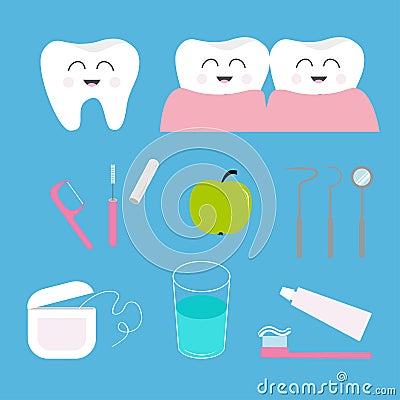 Tooth health icon set. Toothpaste, toothbrush, dental tools instruments, thread, floss, mirror, brush, water. Children teeth care. Vector Illustration