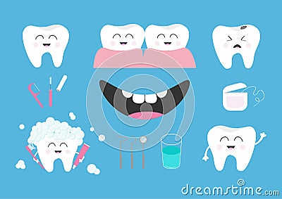 Tooth health icon set. Toothpaste, toothbrush, dental tools instruments, thread, floss, mirror, brush, water. Children teeth care. Vector Illustration