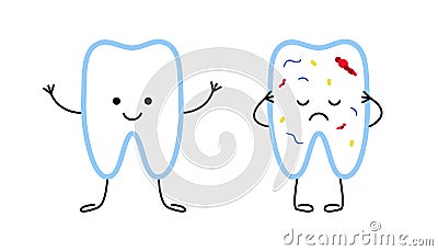 Tooth healthy clean and with bacteria, cute characters. Health and toothache, pain. Dental hygiene, care oral. Vector Vector Illustration