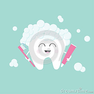 Tooth holding toothpaste and toothbrush. Bubbles foam. Vector Illustration