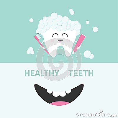 Tooth holding toothpaste and toothbrush. Bubbles foam. Smiling mouth. Banner set. Cute cartoon character. Children teeth care icon Vector Illustration