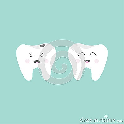 Tooth icon. Healthy smiling tooth. Crying bad ill tooth with caries. Cute character set. Oral dental hygiene. Children teeth care Vector Illustration