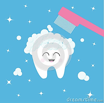 Tooth icon. Toothbrush with toothpaste bubble foam. Brush your teeth. Cute funny cartoon smiling character. Oral dental hygiene. H Vector Illustration