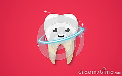 Tooth isolated on a red background. Cleaning process. Dirty tooth. Clean happy and smiling. Cute cartoon character. Dental health Vector Illustration