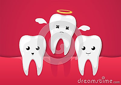 Tooth isolated on a red background. Cute cartoon character. Tooth missing, dental disease. Dental health, care. Simple cartoon Vector Illustration