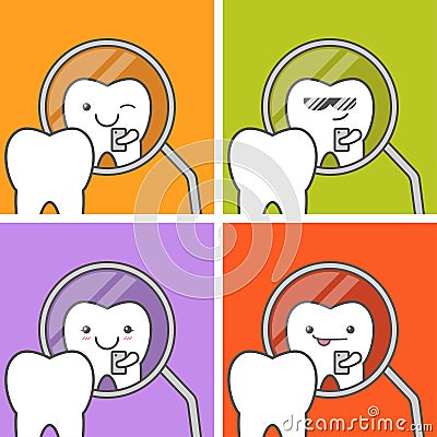 Tooth makes selfie at dental mirror. Vector Illustration