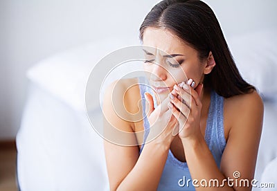 Tooth Pain. Woman Feeling Tooth Pain. Closeup Of Beautiful Sad G Stock Photo