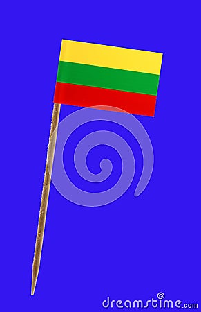 Lithuania flag ,with Tooth pick wit a small paper flag of Mauritania on a blue screen for chromakey screen for chromakey Stock Photo