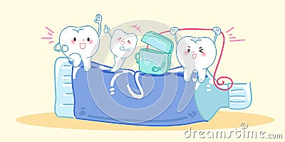 Tooth playing with dental floss Vector Illustration