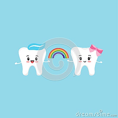 Tooth with rainbow in hands. Vector Illustration