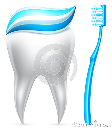 Tooth with toothpaste and toothbrush. Vector Illustration