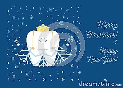 Tooth wearing a costume skirt snowflake under snow celebrate Christmas and New Year. Vector Illustration