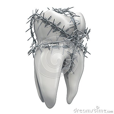 Toothache concept. Tooth with barbed wire, 3D rendering Stock Photo