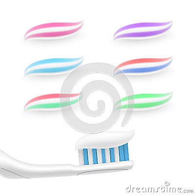 Toothbrush and extruded toothpaste in different colours for stomatological advertisement Stock Photo