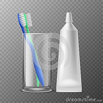Toothbrush in glass. Dental morning hygiene, toothbrushes with tube paste, toiletries for protection health teeth fresh Vector Illustration