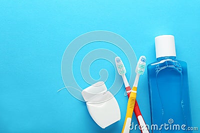 Toothbrush with mouthwash bottle Stock Photo