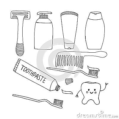 Toothbrush, paste, tooth, comb, shampoo, cream, razor, soap set icon, sticker. sketch hand drawn doodle. minimalism monochrome. Stock Photo