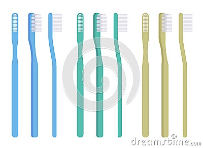 Toothbrush set, blue, green, yellow manual brush for oral hygiene Vector Illustration