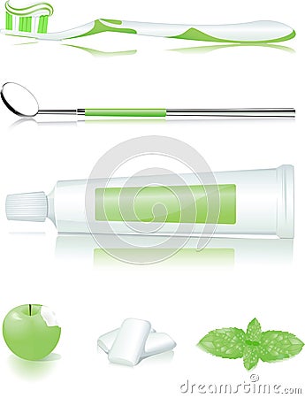 Toothbrush, toothpaste, apple, gum and mint Stock Photo