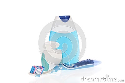Toothbrush, toothpaste and dental floss Stock Photo