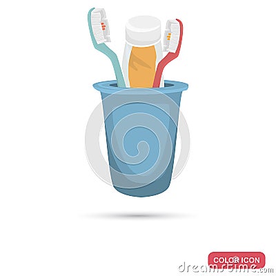 Toothbrush and toothpaste in a glass color flat icon for web and mobile design Vector Illustration