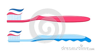 Toothbrushes. Brush with paste. Toothpaste smear in three colors. Substance used on a brush for cleaning teeth. Dental and oral Vector Illustration