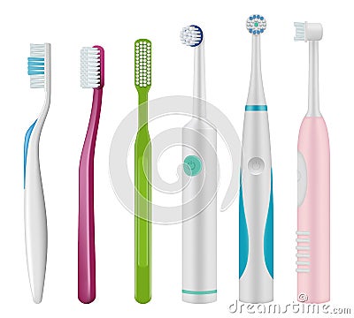 Toothbrushes. Brush for teeth mechanical and electrical type for daily dental hygiene vector realistic template Vector Illustration