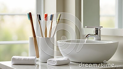 Toothbrushes glasses in the bathroom personal concept equipment health clean Stock Photo