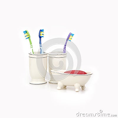 Toothbrushes and glycerin soap isolated on a white background Stock Photo