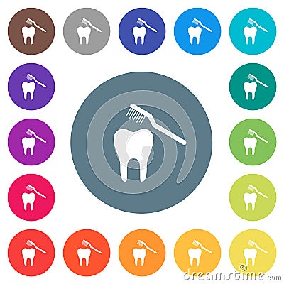 Toothbrushing flat white icons on round color backgrounds Vector Illustration