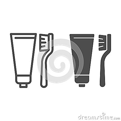 Toothpaste and brush line and solid icon, Hygiene routine concept, toothbrush and paste sign on white background Vector Illustration