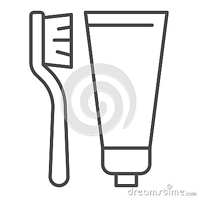 Toothpaste and brush thin line icon, Hygiene routine concept, toothbrush and paste sign on white background, Toothpaste Vector Illustration