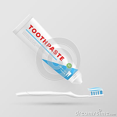 Toothpaste is squeezed out of tube onto toothbrush. Dental oral hygiene product packaging Cartoon Illustration