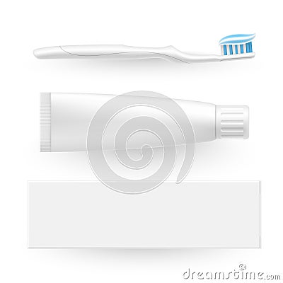 Toothpaste tube box and toothbrush with extruded dental paste empty realistic mockups Cartoon Illustration