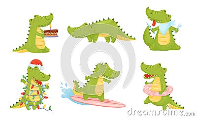 Toothy Friendly Crocodile Surfboarding and Decorating Himself with Fairy Lights Vector Set Vector Illustration