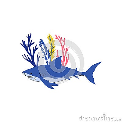 Toothy Shark Floating Among Sea Weeds Vector Illustration Vector Illustration