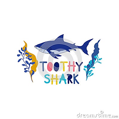 Toothy Shark and Lettering as Kids Fabric Print Vector Illustration Vector Illustration