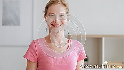 Toothy smile good mood cheerful girl patch arm Stock Photo