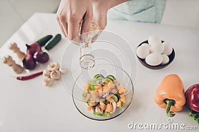 Top above high angle cropped view of lady making fresh homemade domestic vitamin complex dinner lunch healthy dieting Stock Photo