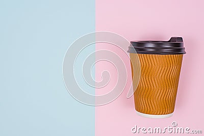 Top above high angle overhead close up view photo of paper cup isolate on two half blue and pink background copy space place for t Stock Photo