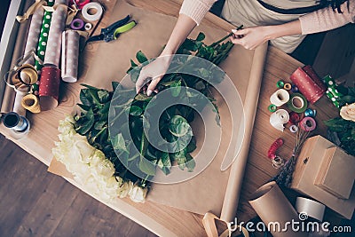 Top above high angle view of nice lady assistant seller vendor making fresh wedding birthday event celebratory Stock Photo
