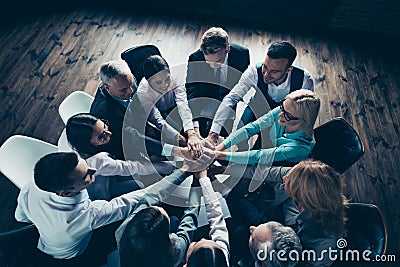 Top above high angle view of nice stylish sharks corporate company staff putting palms together over table desk Stock Photo