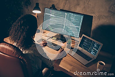 Top above high angle view photo of focused afro american girl it company seo administrator sit desk table work evening Stock Photo