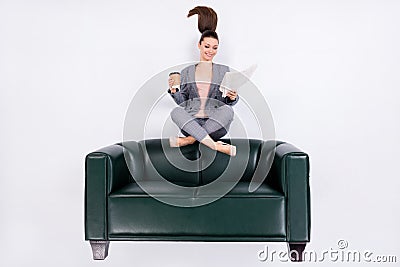 Top above high angle view vertical full length photo marketer agent girl flatlay sit couch relax hold takeaway mug Stock Photo