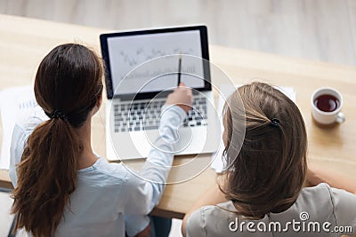 Top above view businesswomen working with computer program Stock Photo